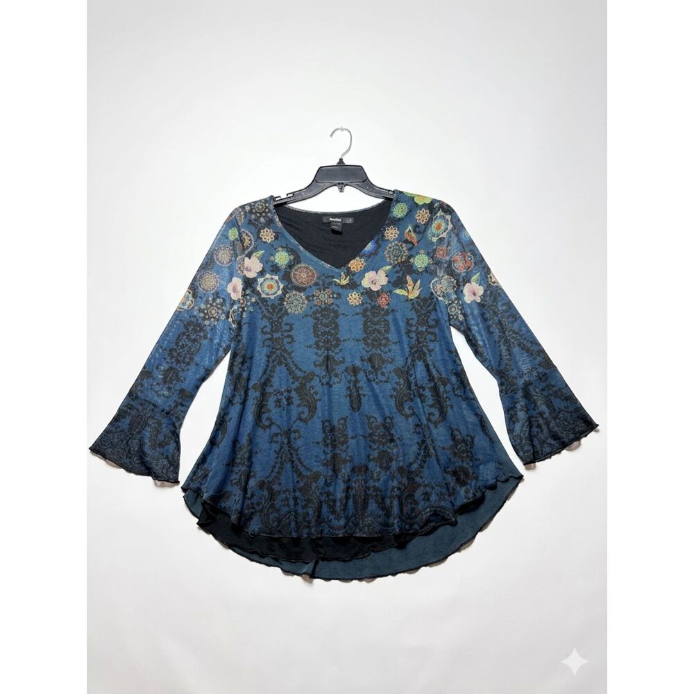 Desigual Floral Mesh Mandala Bell Sleeve Top Blue Boho Whimsygoth Large